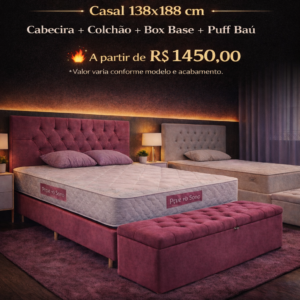 Oferta por tempo limitado: leve Cabeceira + Colchão + Box + Puff Baú com super desconto!