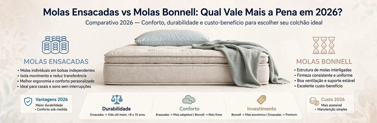 Molas ensacadas vs Bonnell: diferenças, durabilidade e qual vale mais a pena - Colchões Pegue no Sono